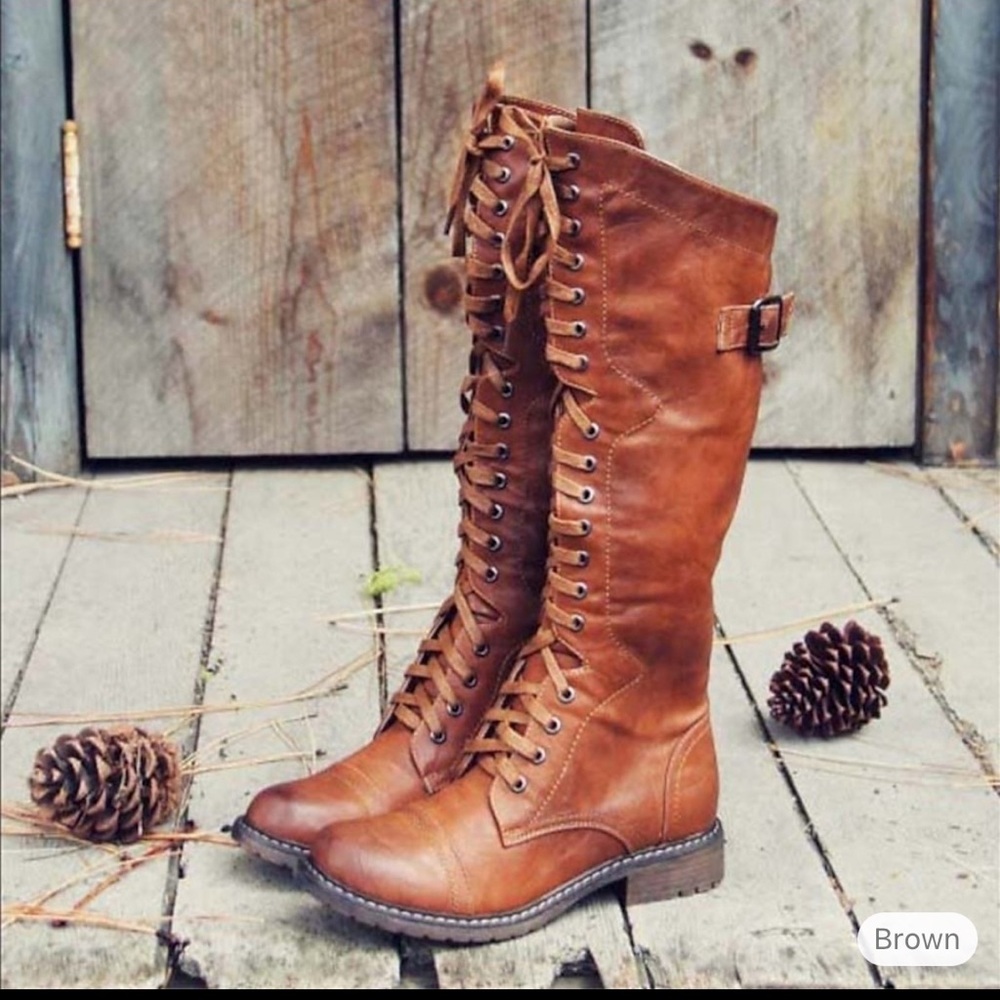 Brown Lace-Up Knee-High Boots
